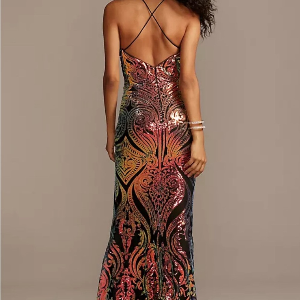 David’s Bridal iridescent sequin brocade illusion plunge dress - Picture 2 of 15
